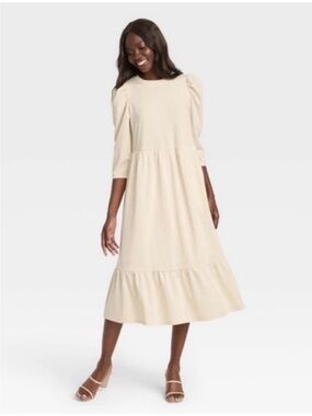 Who What Wear Cream Midi Puff-Sleeve Tiered Dress